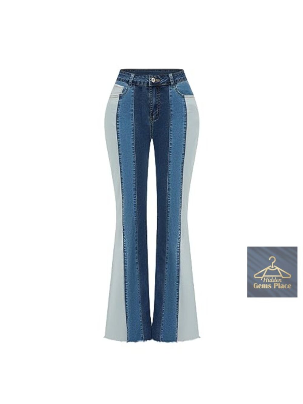 Women's Stretch High Waist Flare Jeans Patchwork Raw Hem Bell Bottom Denim Pants